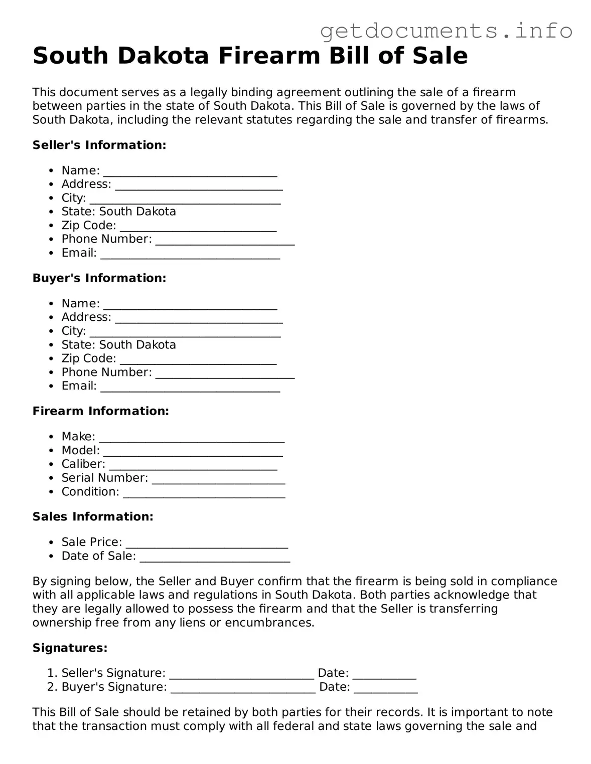 Free Firearm Bill of Sale Template for South Dakota