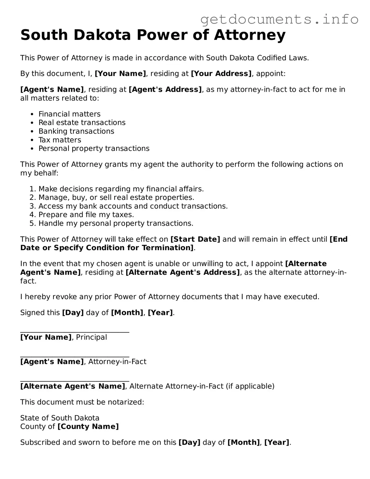 Free Power of Attorney Template for South Dakota