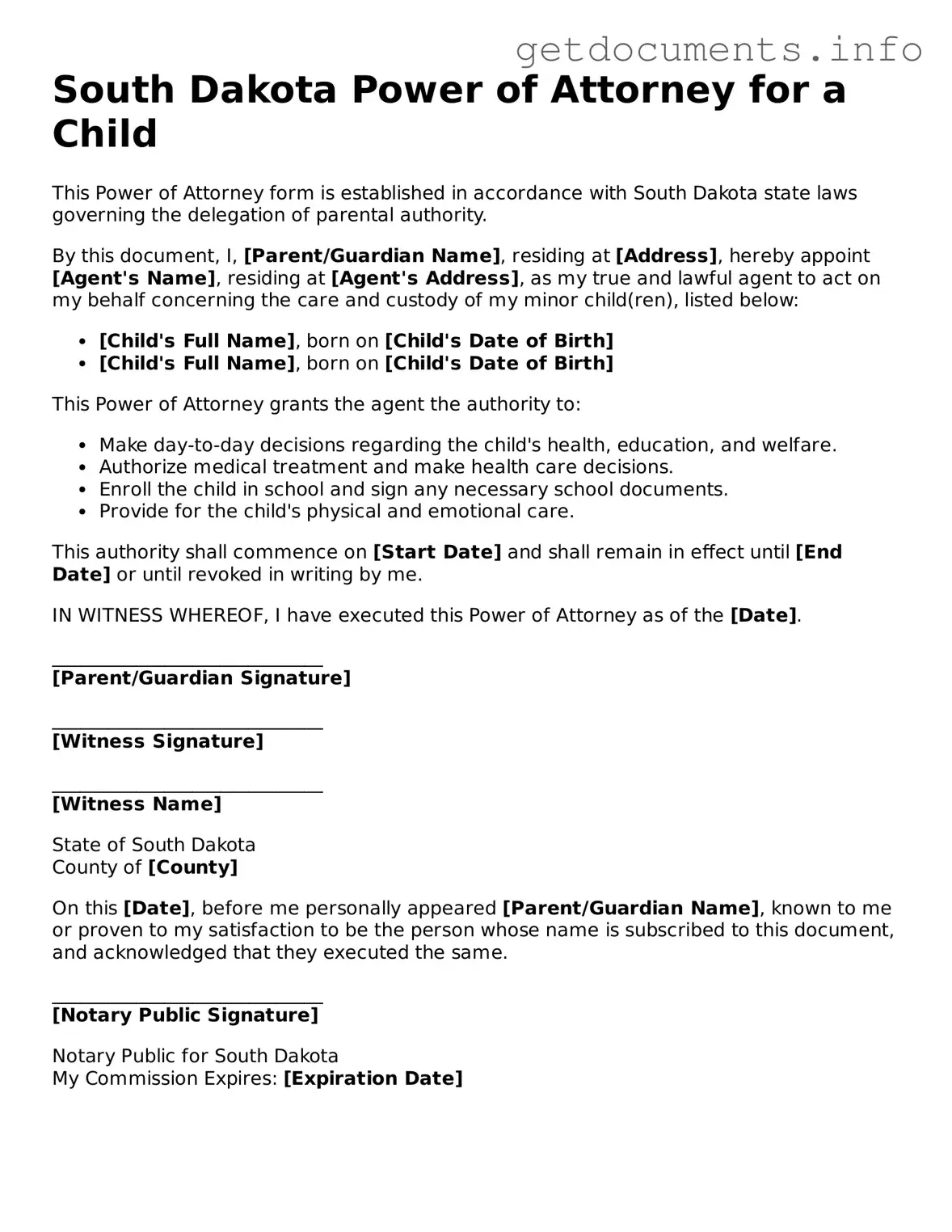 Free  Power of Attorney for a Child Template for South Dakota