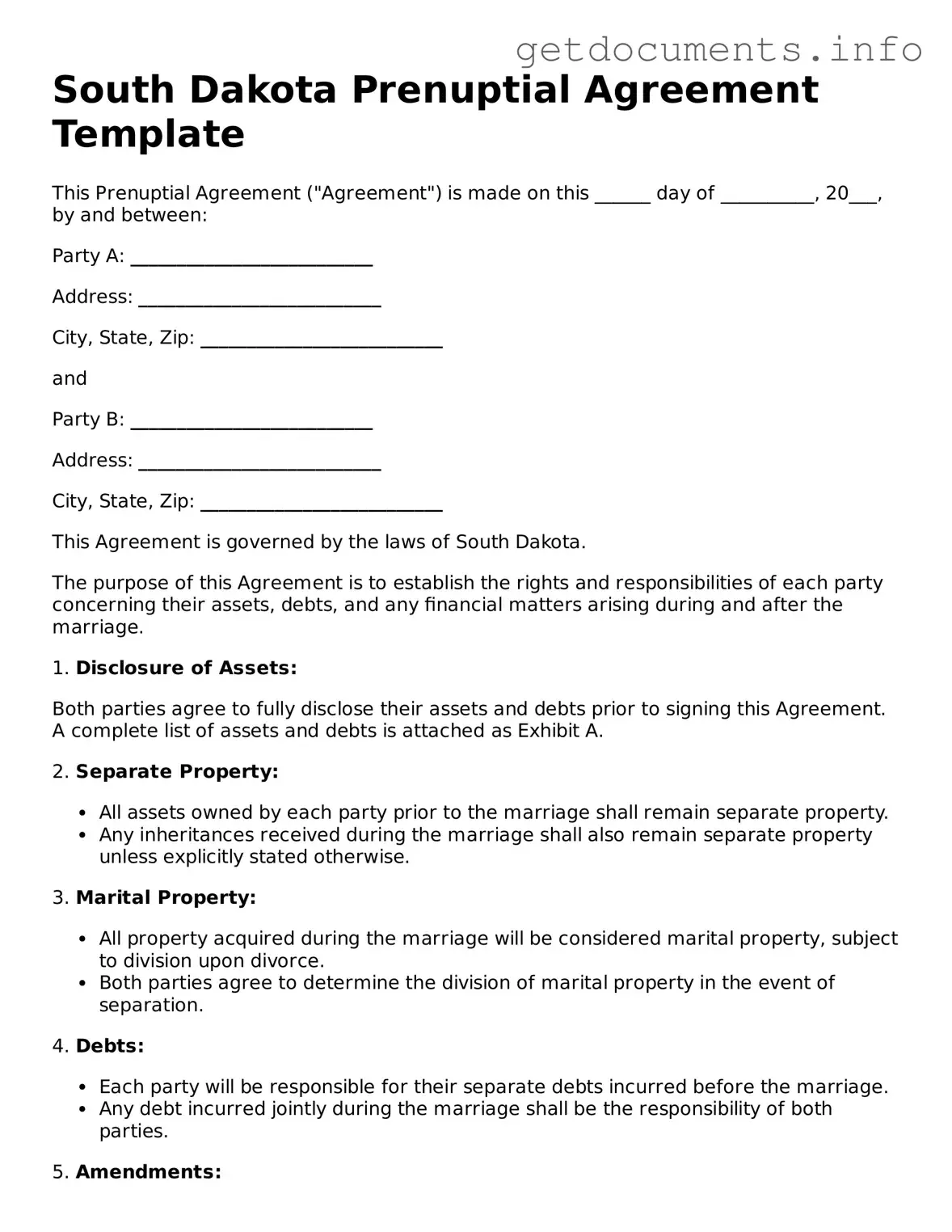 Free Prenuptial Agreement Template for South Dakota