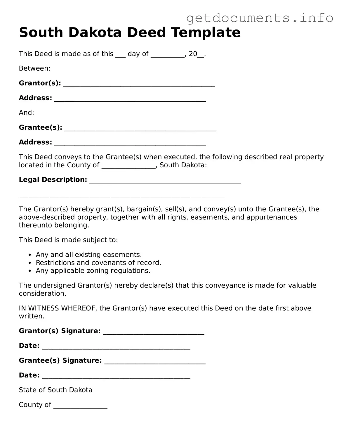 Free Deed Template for South Dakota
