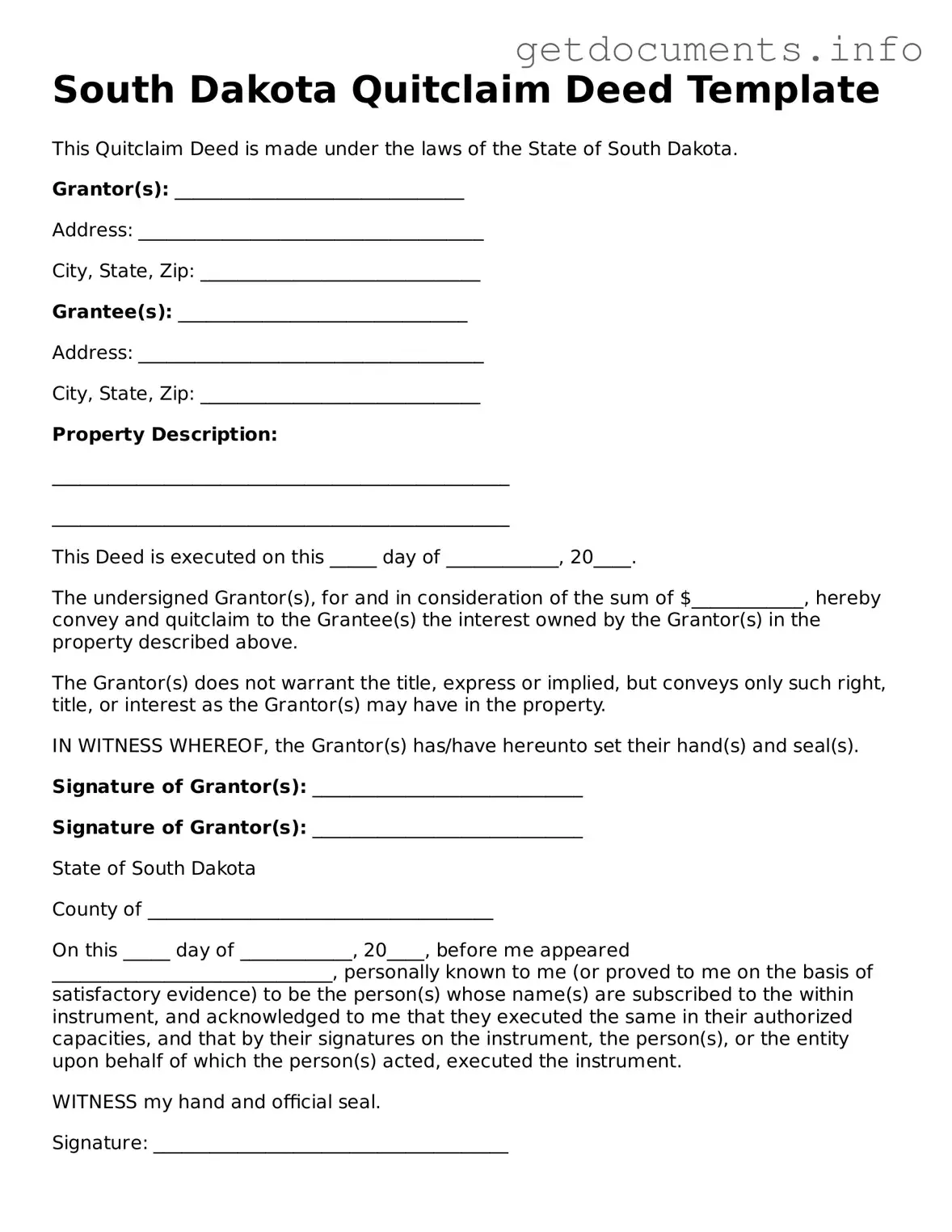 Free  Quitclaim Deed Template for South Dakota