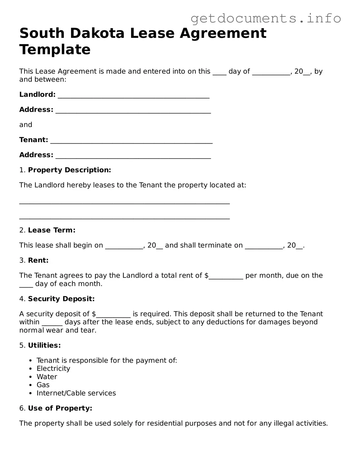 Free Lease Agreement Template for South Dakota