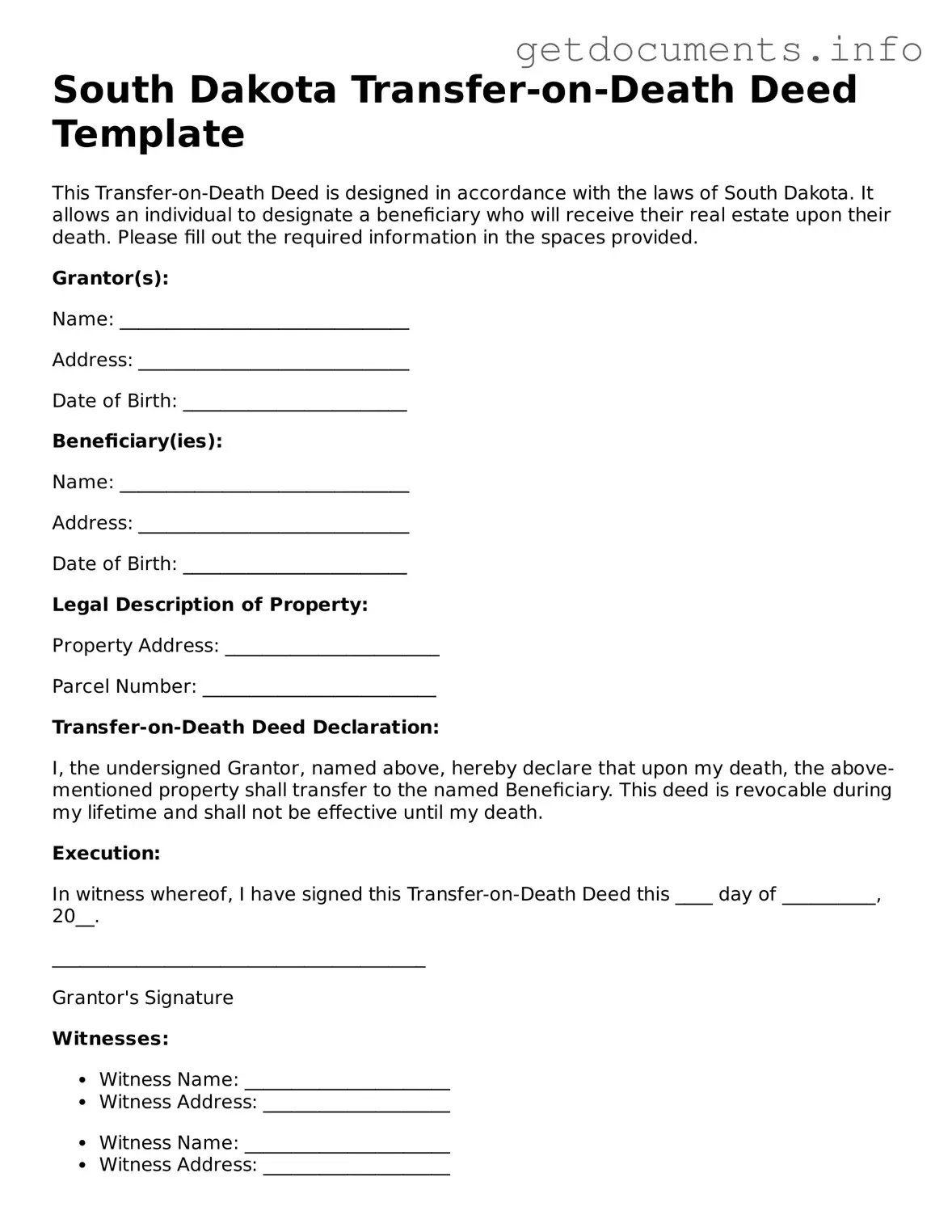 Free Transfer-on-Death Deed Template for South Dakota