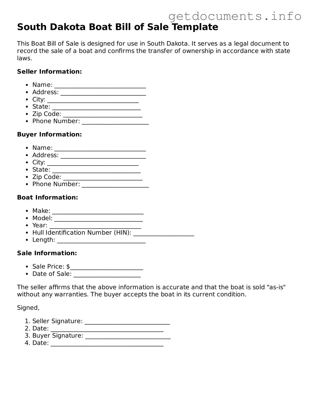 Free  Boat Bill of Sale Template for South Dakota