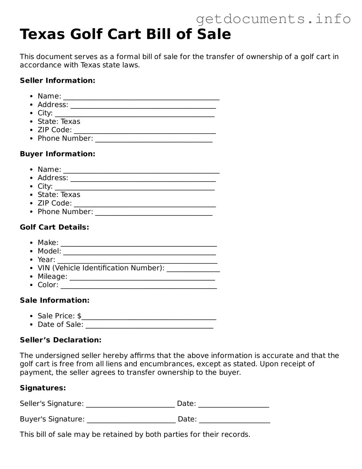 Free  Golf Cart Bill of Sale Template for Texas