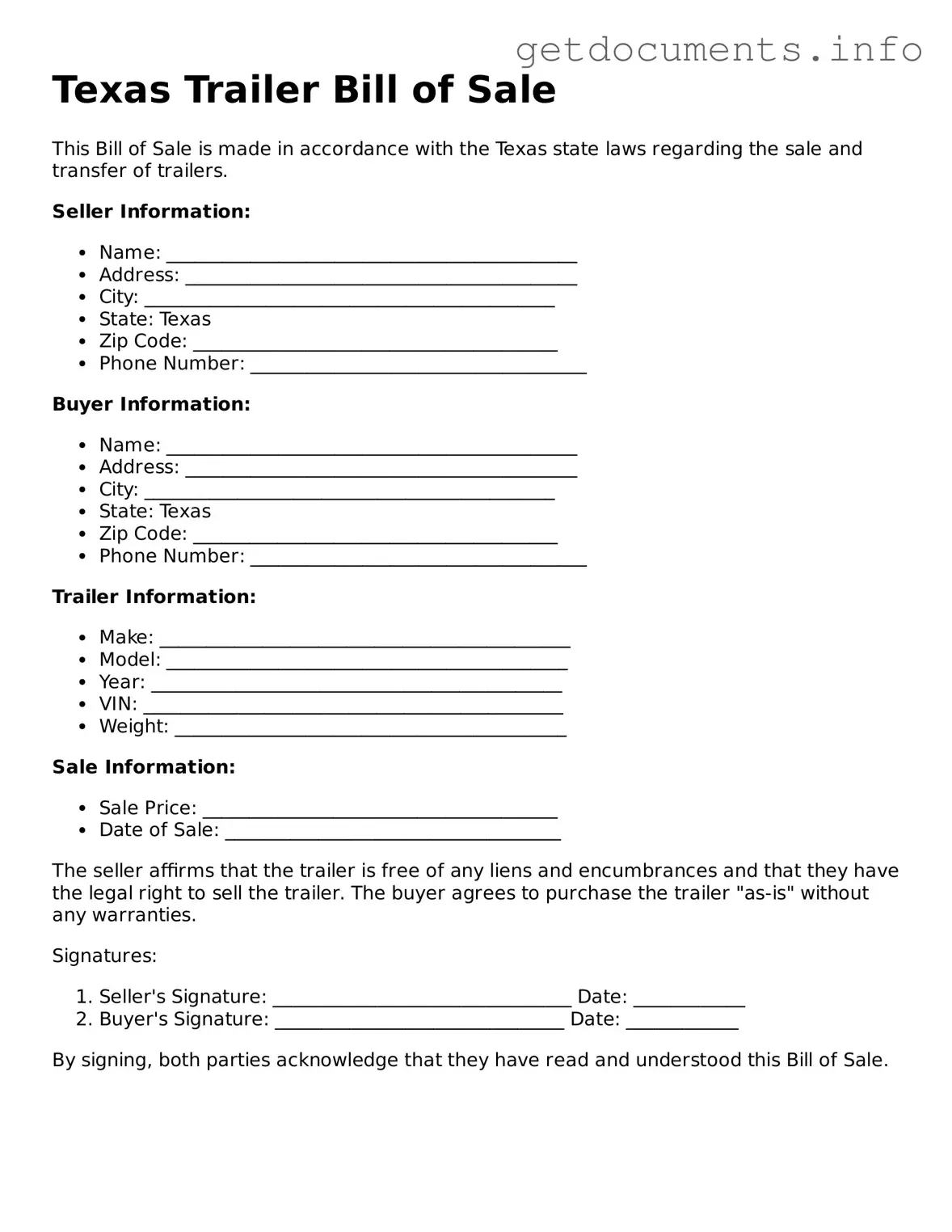 Free Trailer Bill of Sale Template for Texas