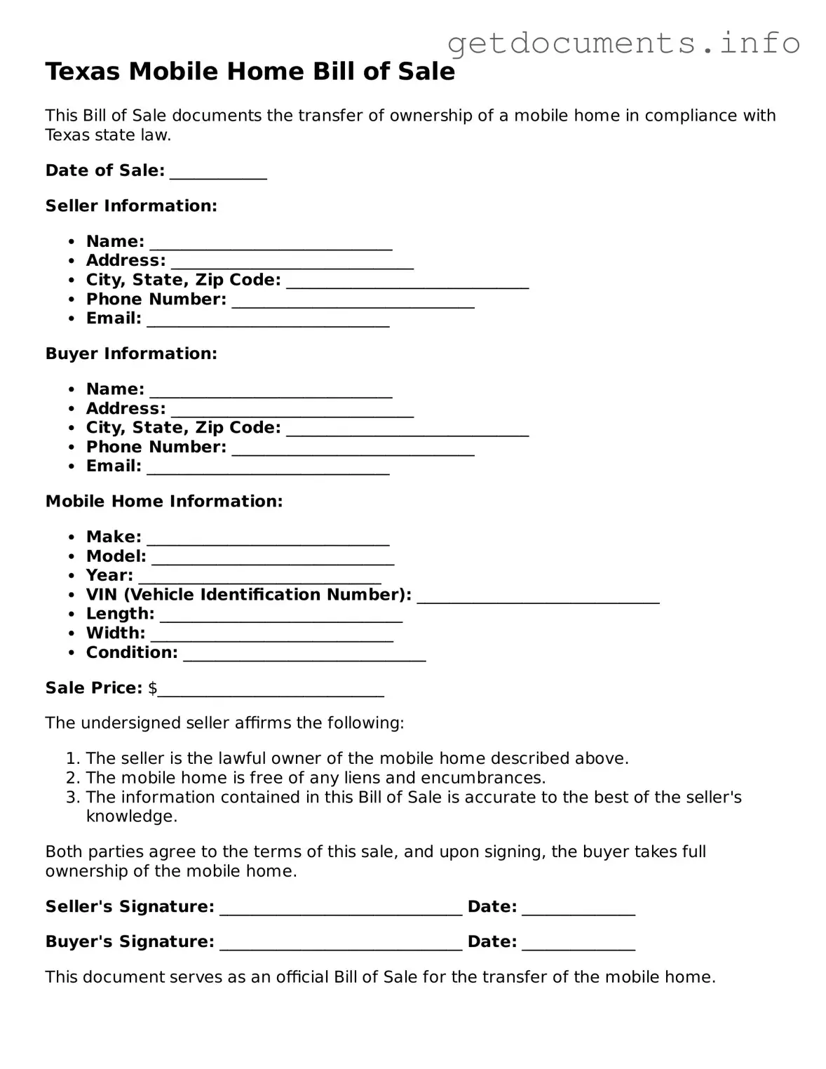 Free Mobile Home Bill of Sale Template for Texas