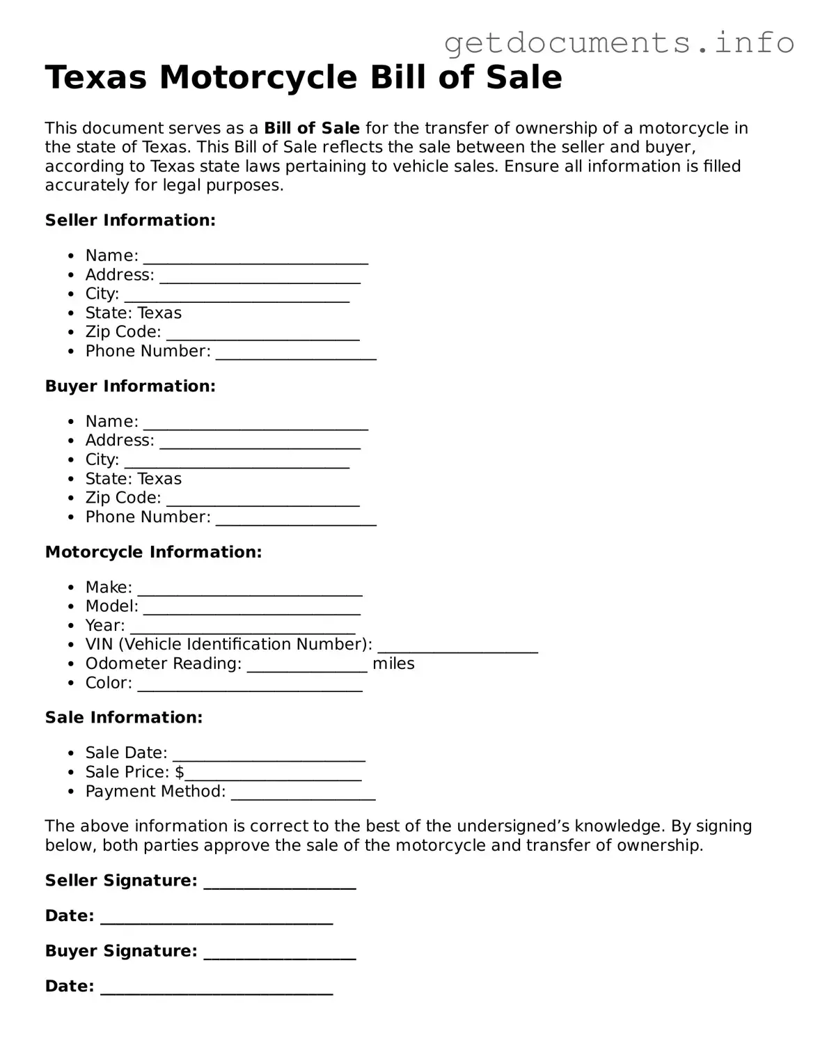 Free Motorcycle Bill of Sale Template for Texas