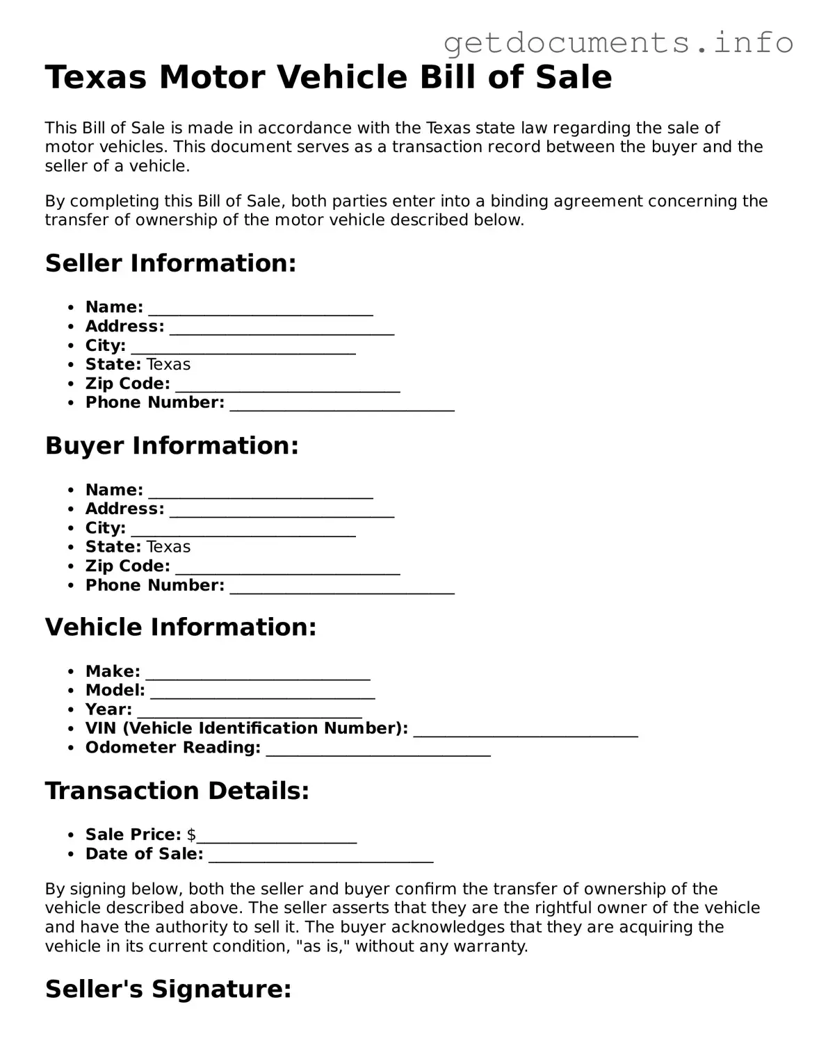 Free Motor Vehicle Bill of Sale Template for Texas