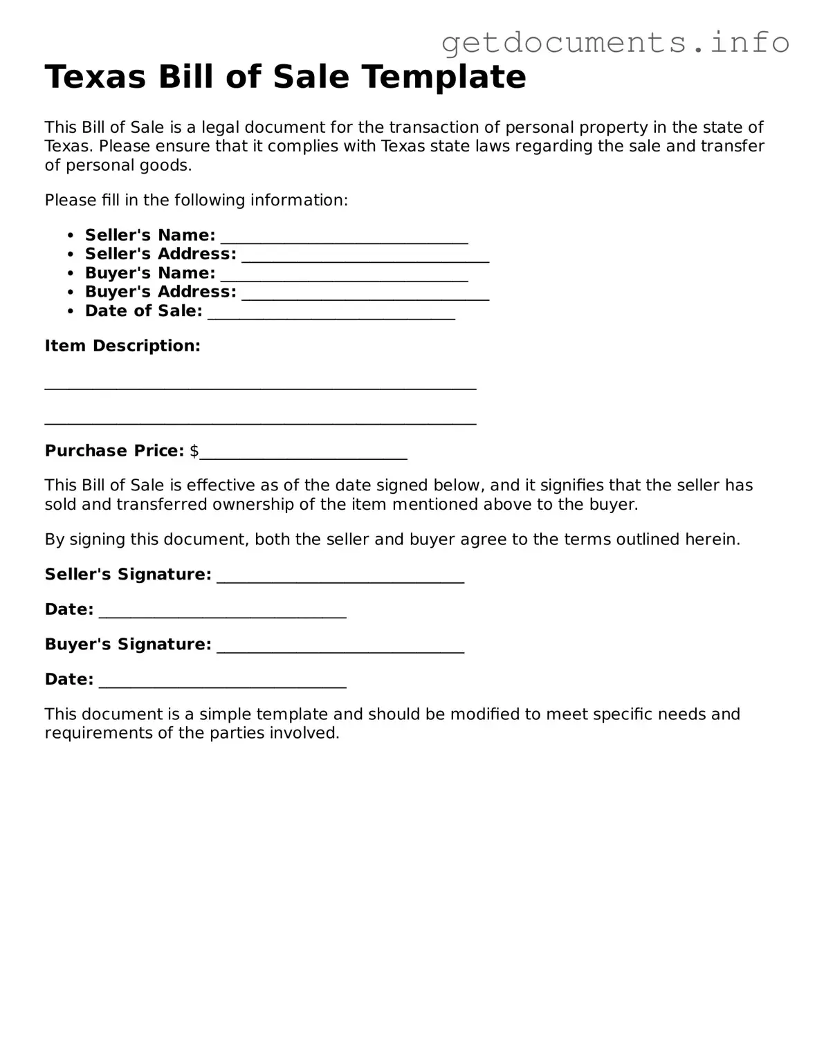 Free Bill of Sale Template for Texas