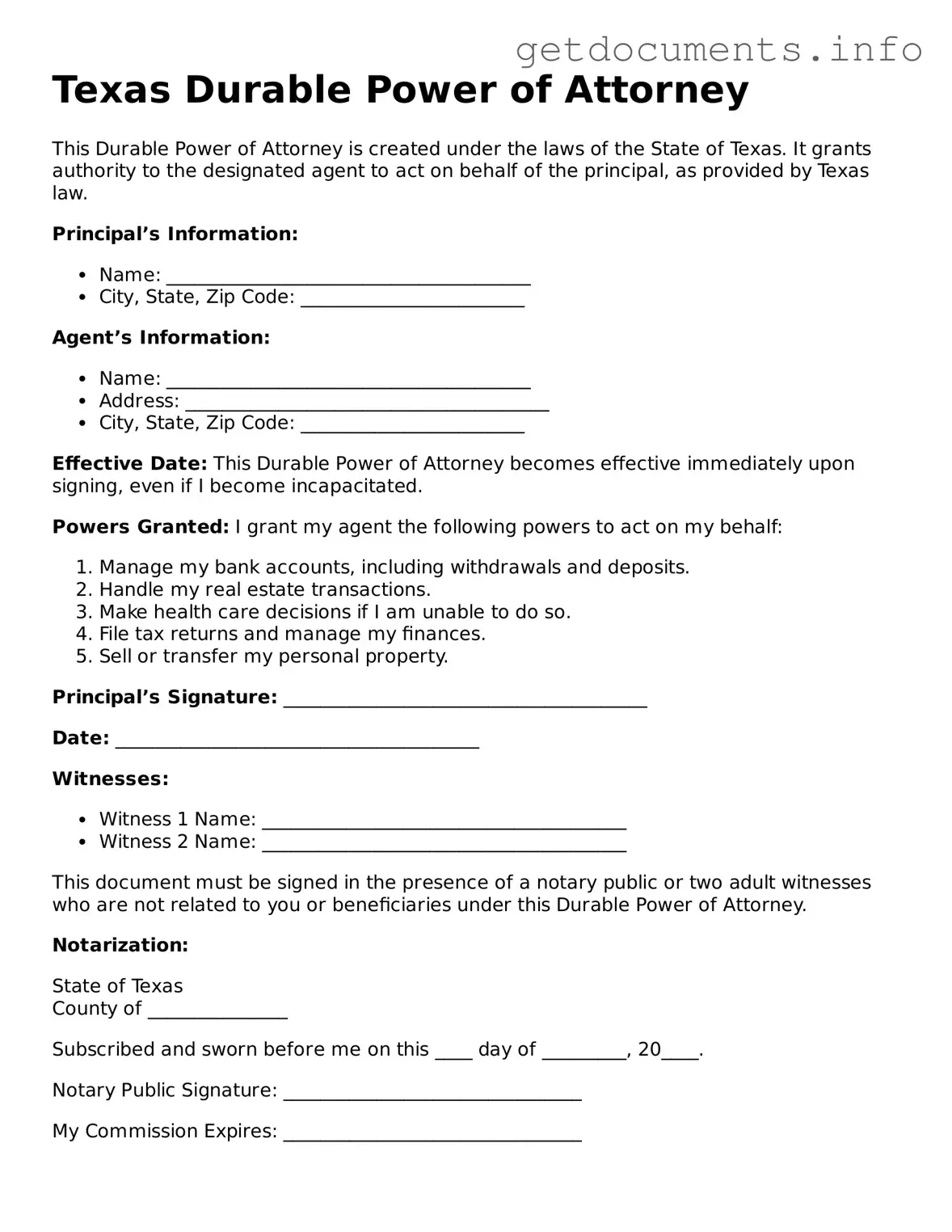 Free  Durable Power of Attorney Template for Texas