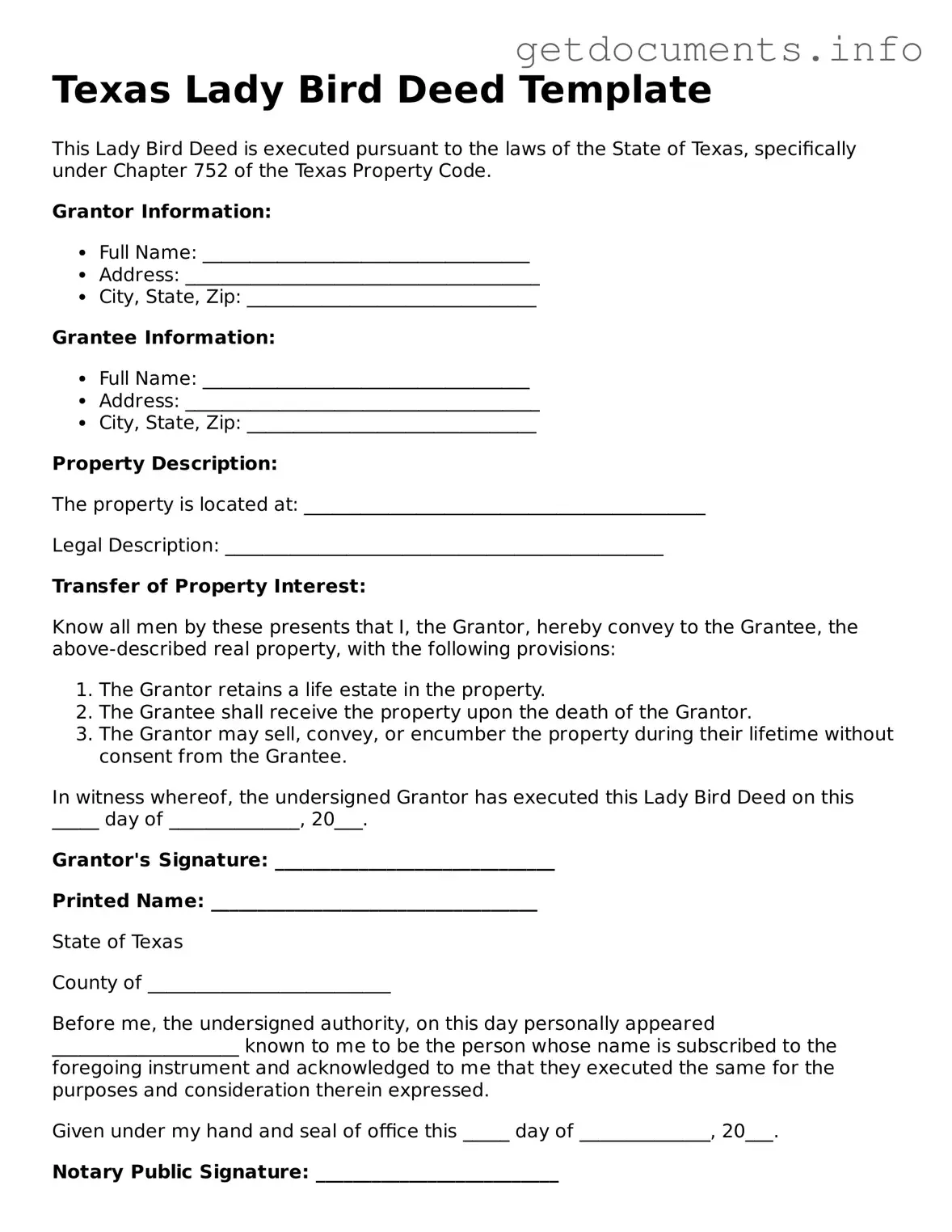 Free Lady Bird Deed Template for Texas