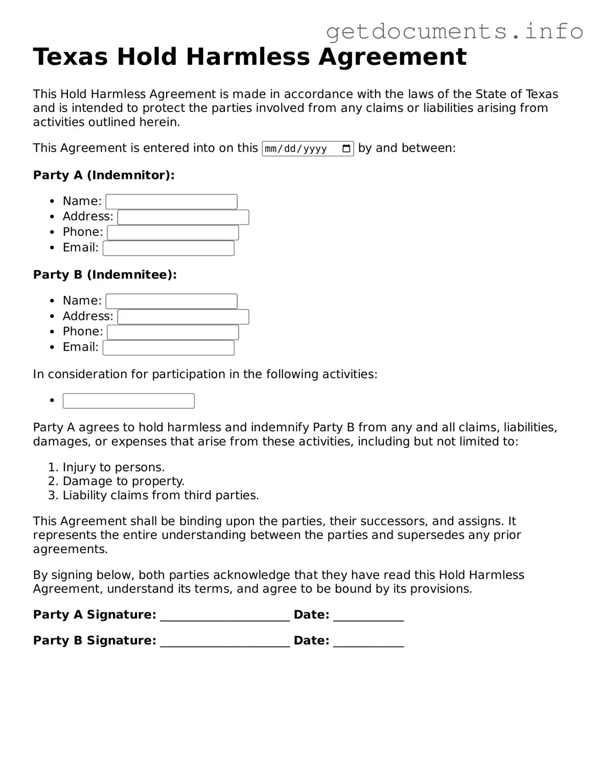Free  Hold Harmless Agreement Template for Texas