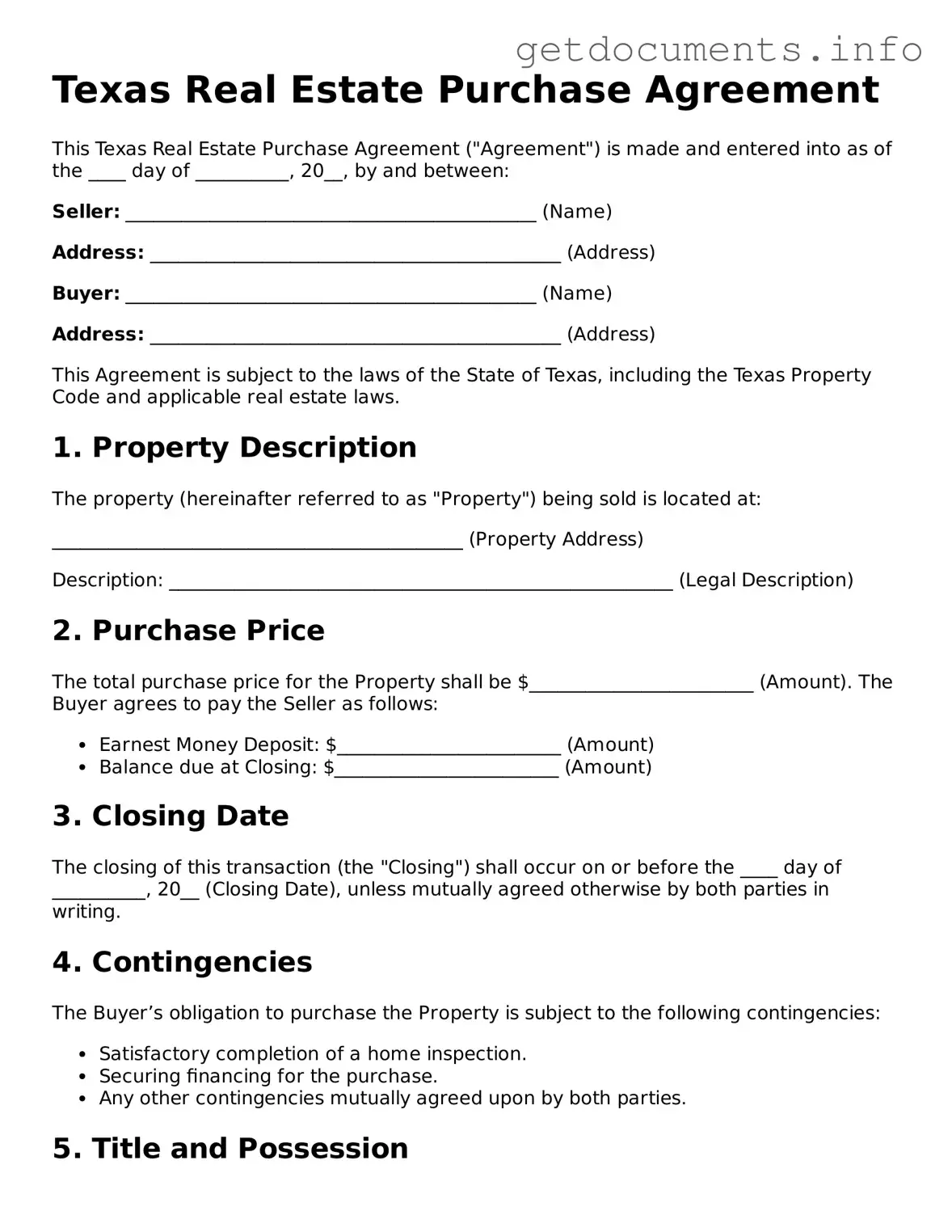 Free Real Estate Purchase Agreement Template for Texas