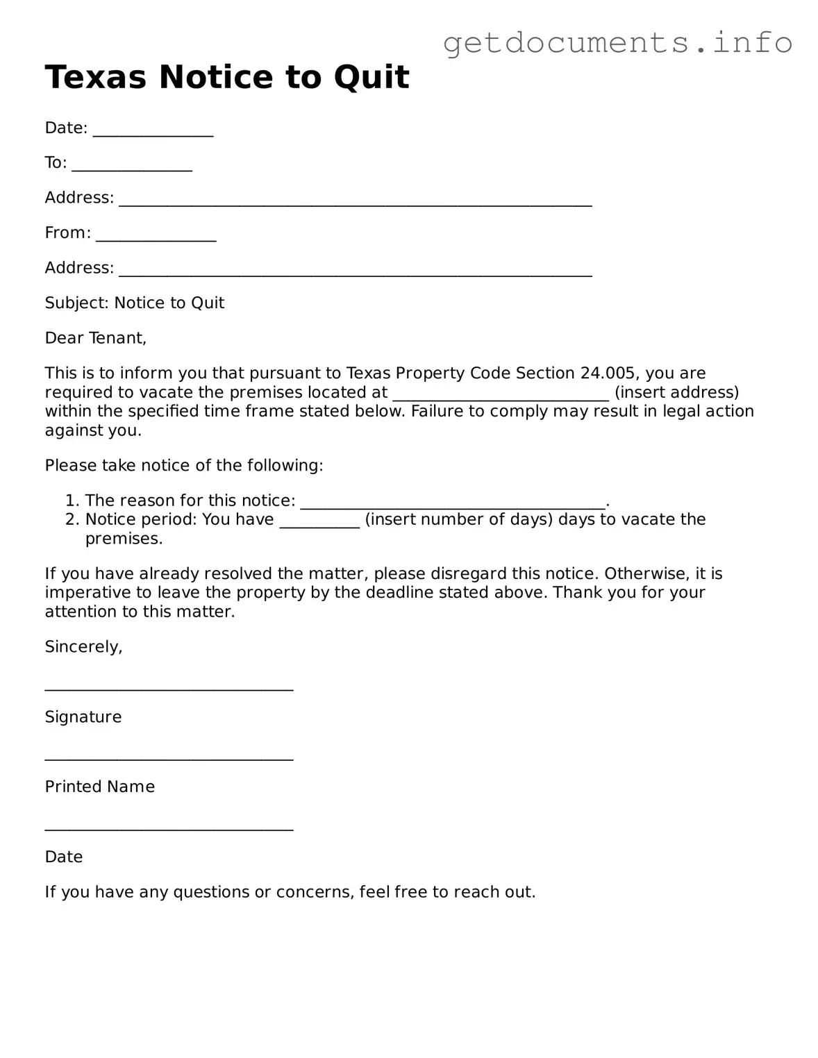 Free  Notice to Quit Template for Texas