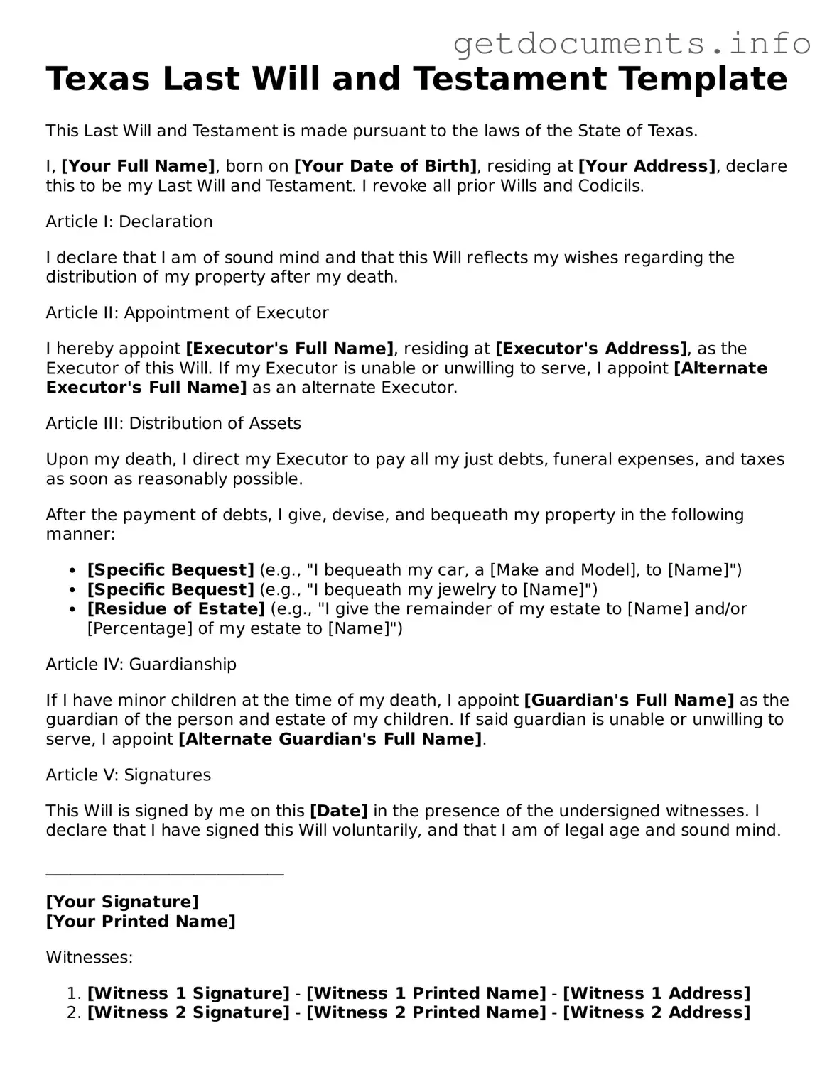 Free  Last Will and Testament Template for Texas