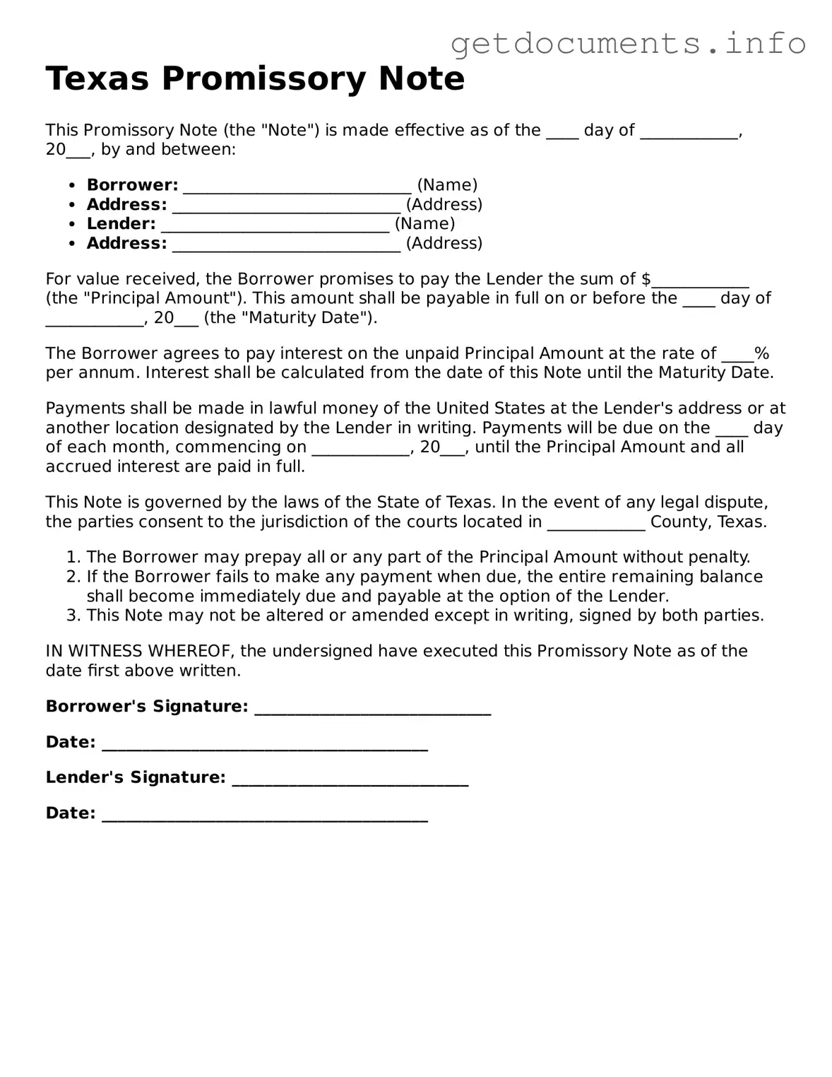 Free Promissory Note Template for Texas