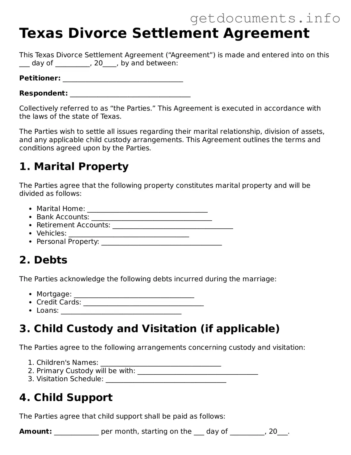 Free Divorce Settlement Agreement Template for Texas