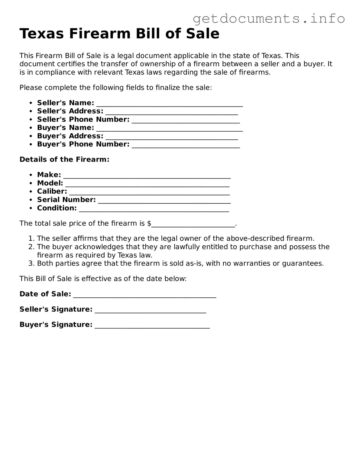 Free Firearm Bill of Sale Template for Texas