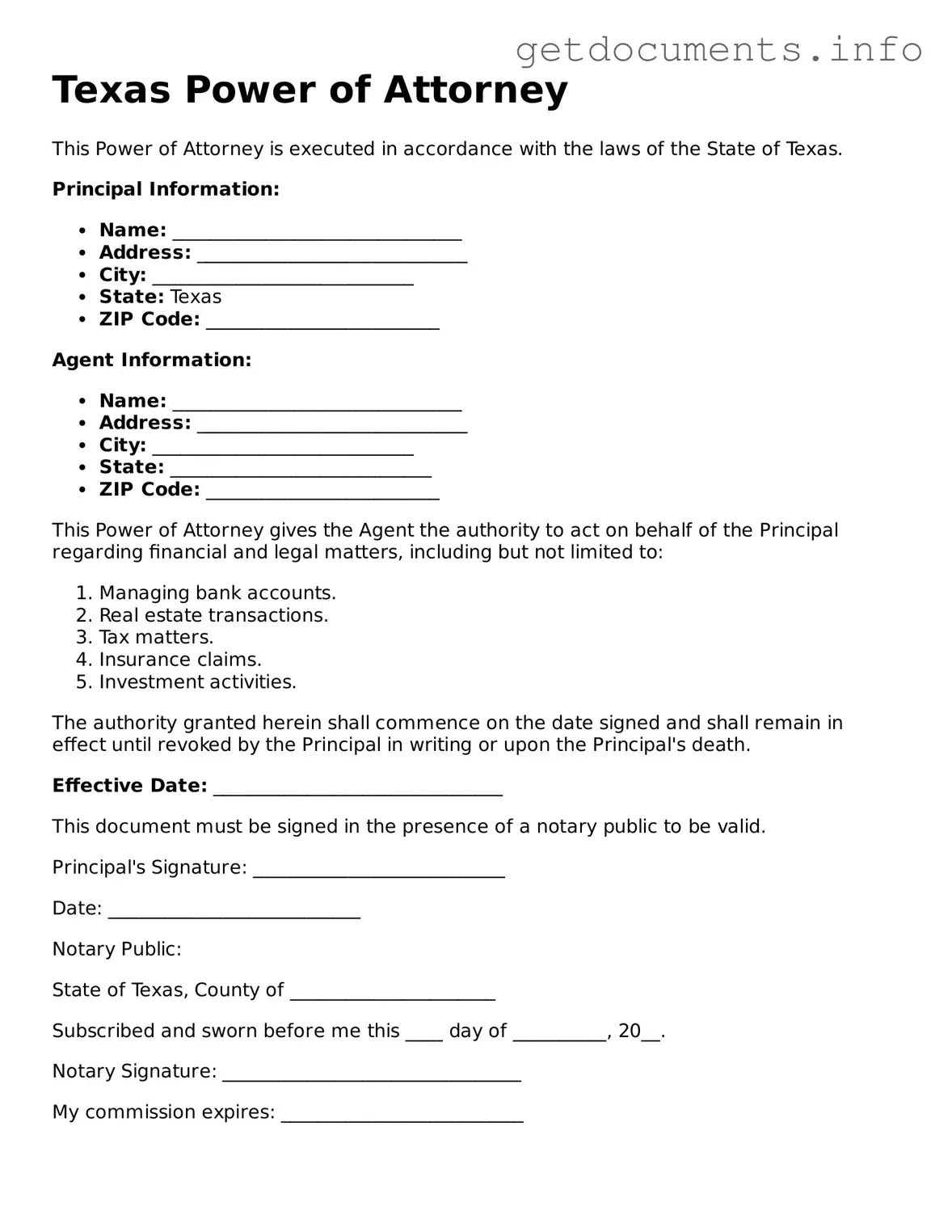 Free  Power of Attorney Template for Texas