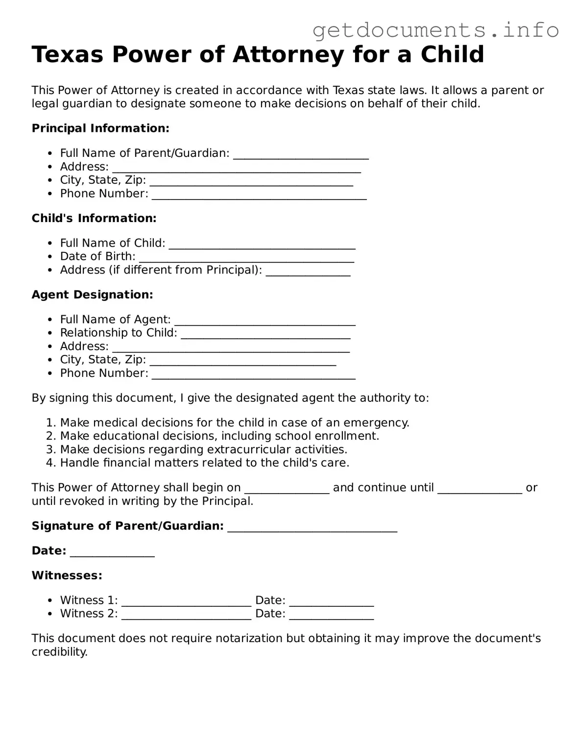 Free Power of Attorney for a Child Template for Texas