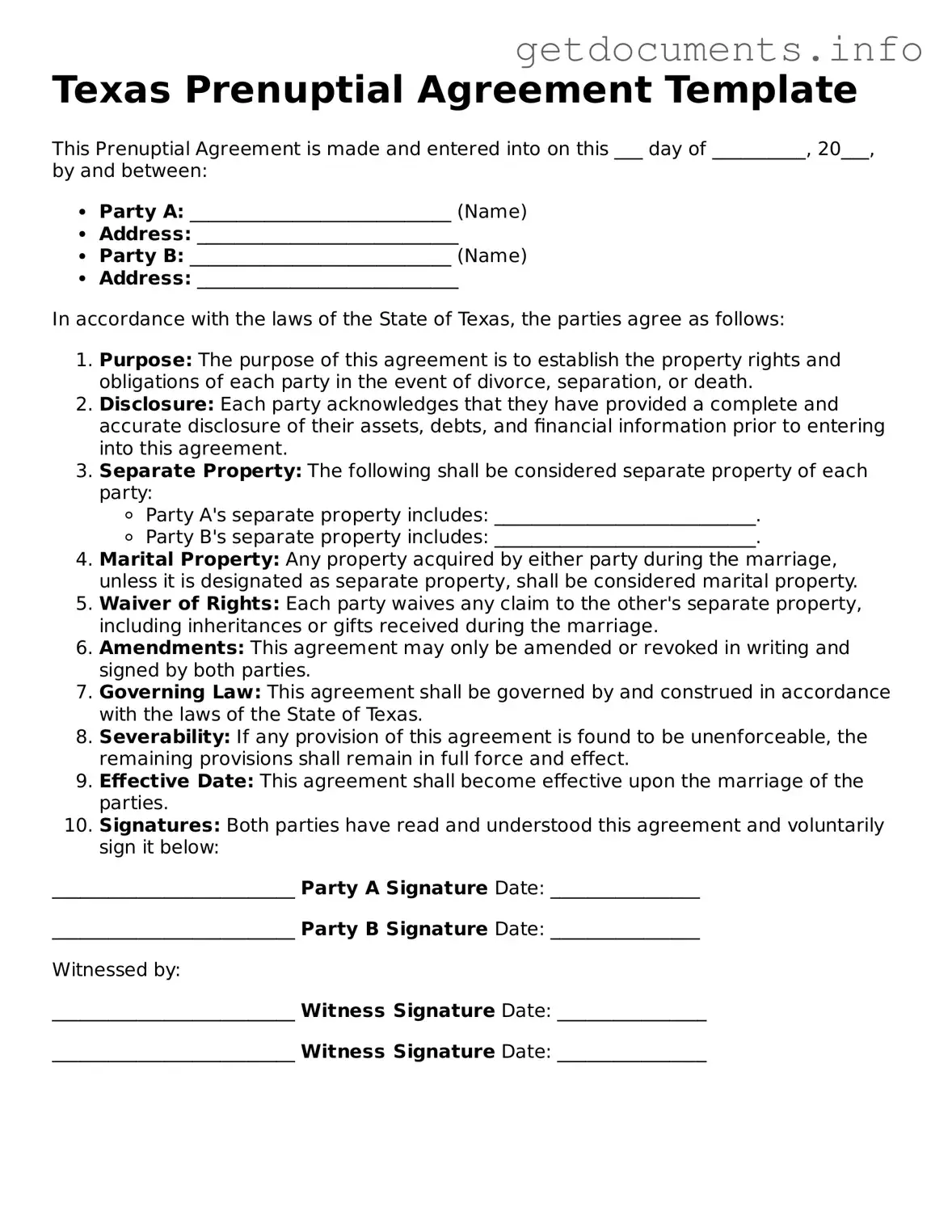 Free Prenuptial Agreement Template for Texas