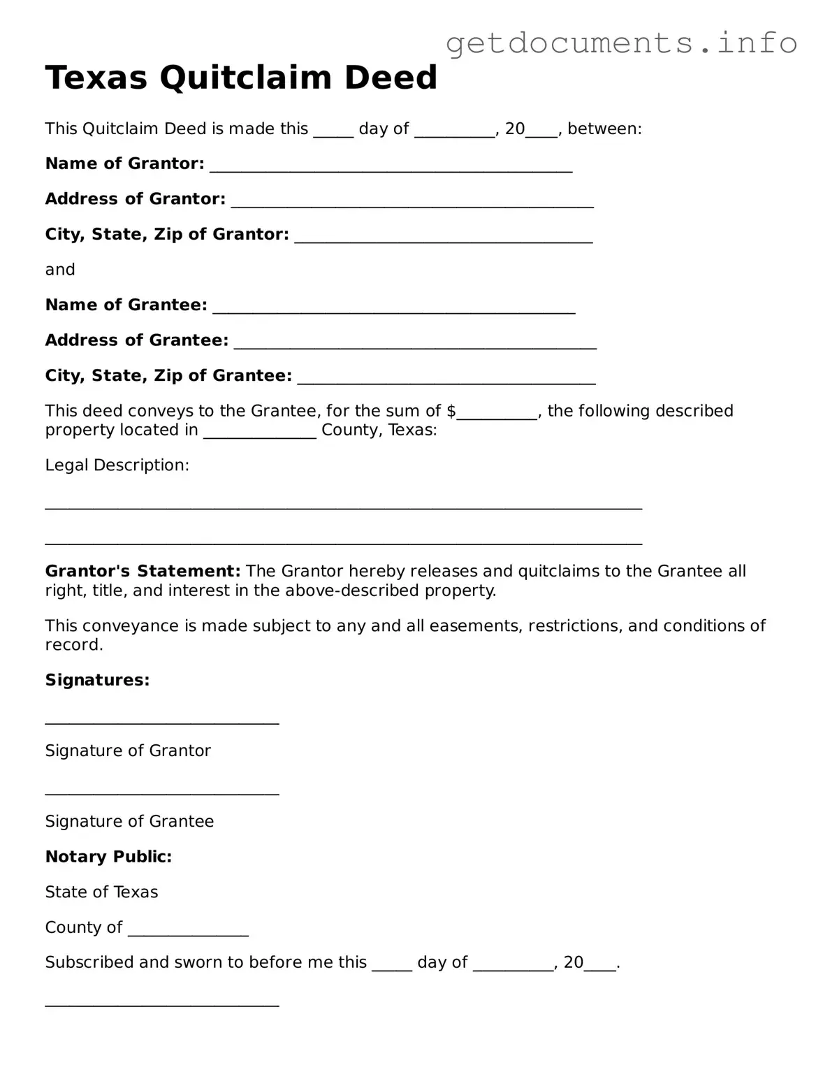 Free  Quitclaim Deed Template for Texas