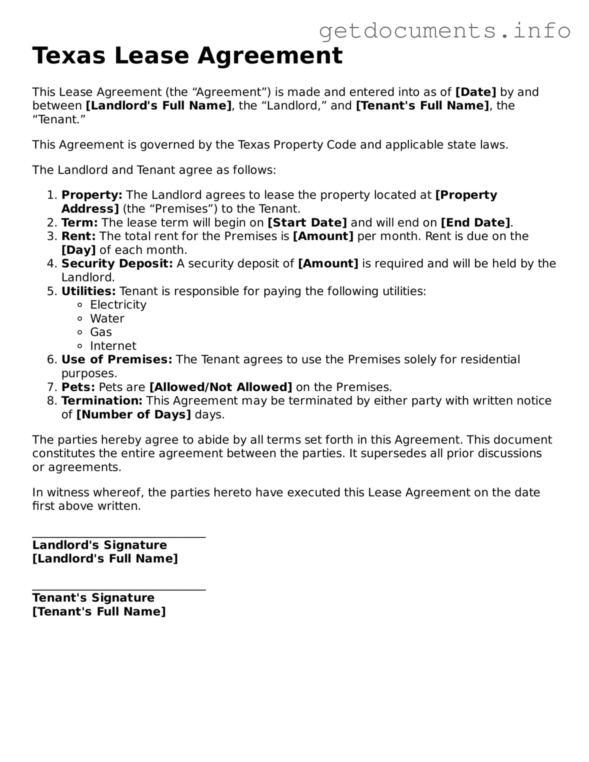 Free Lease Agreement Template for Texas