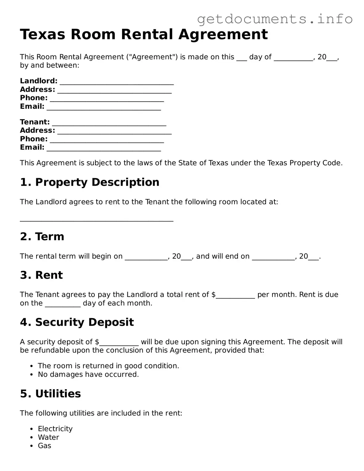 Free  Room Rental Agreement Template for Texas
