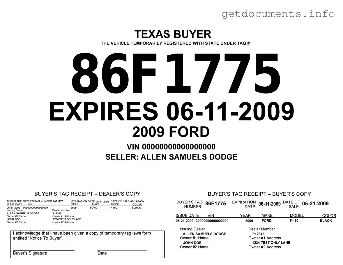 Official Texas Temporary Tag Form