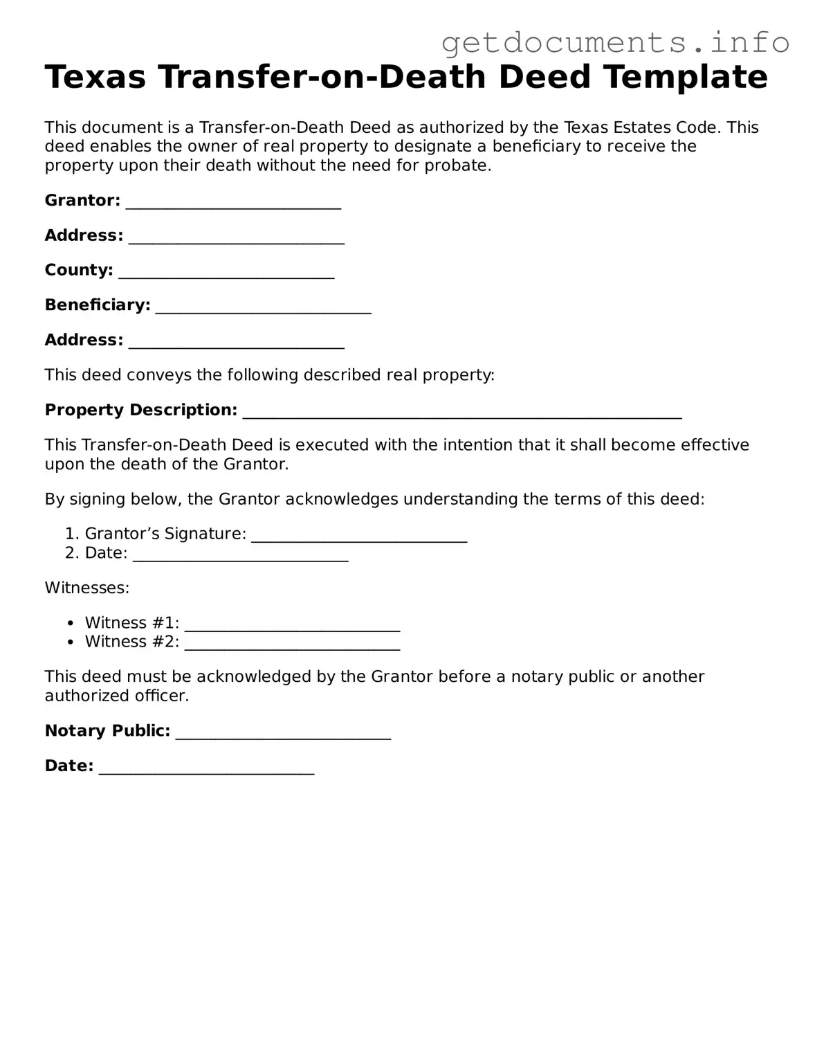 Free Transfer-on-Death Deed Template for Texas