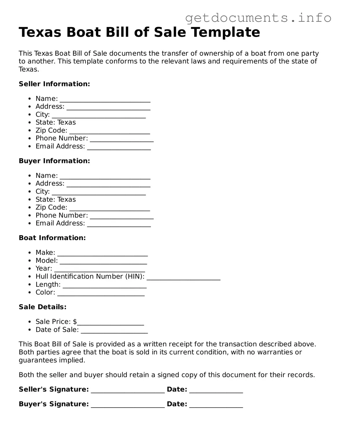 Free Boat Bill of Sale Template for Texas