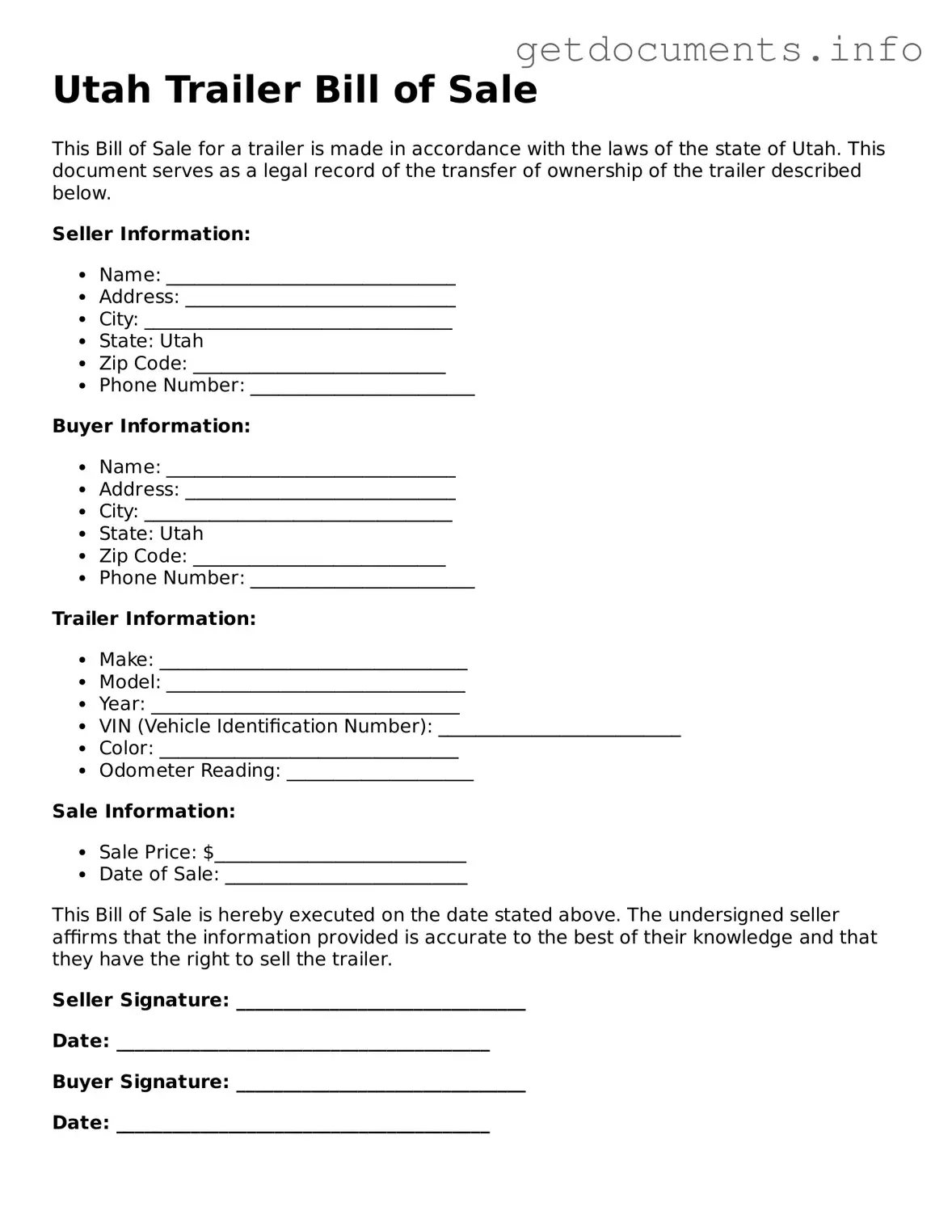 Free Trailer Bill of Sale Template for Utah