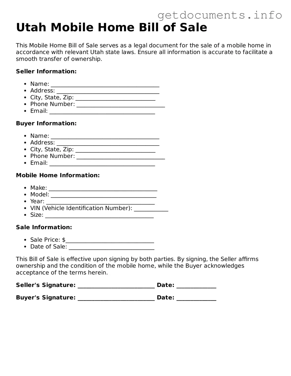 Free Mobile Home Bill of Sale Template for Utah