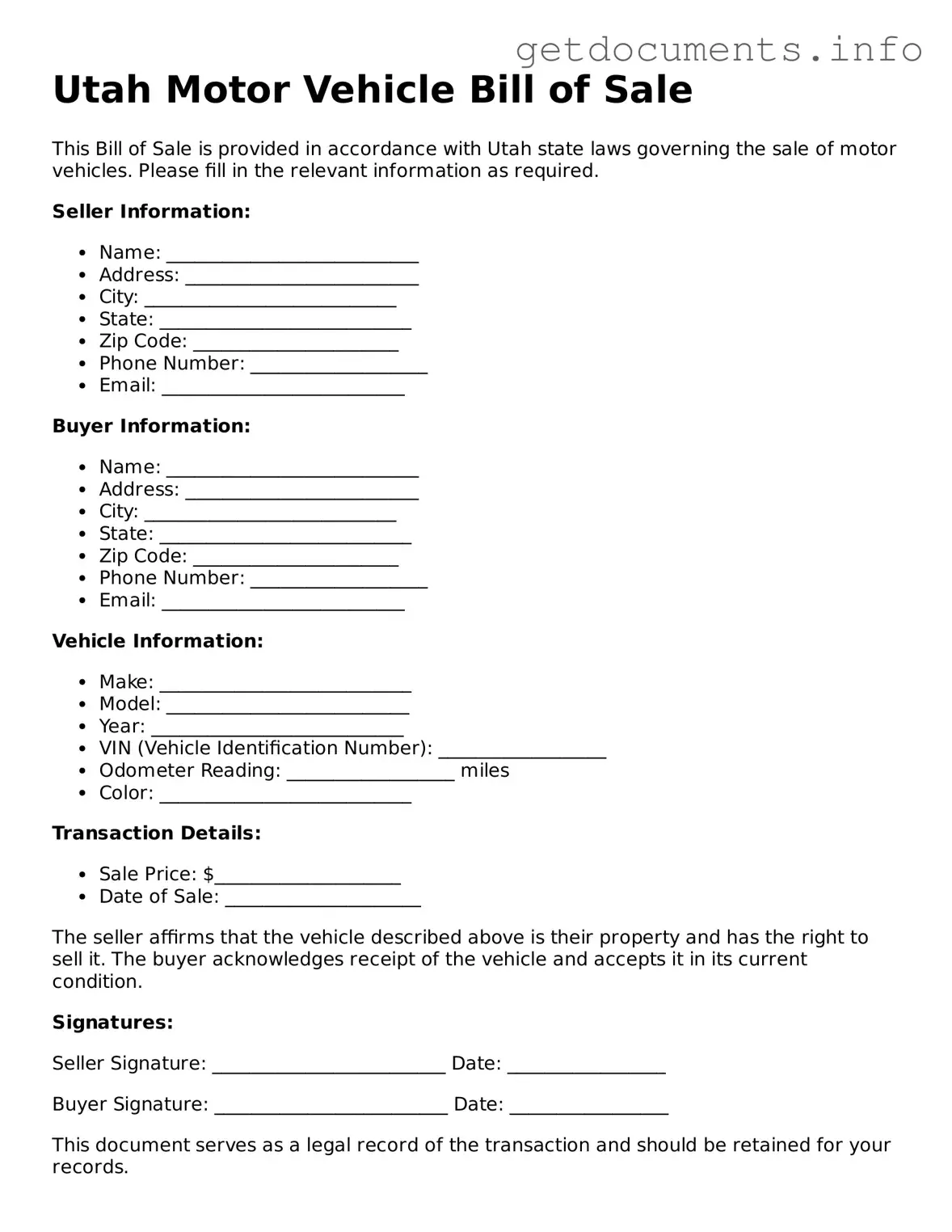 Free  Motor Vehicle Bill of Sale Template for Utah