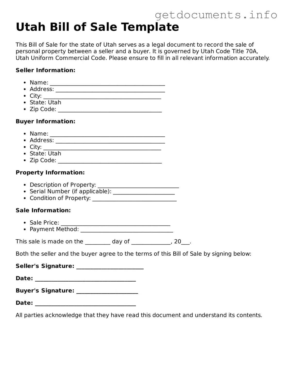 Free  Bill of Sale Template for Utah