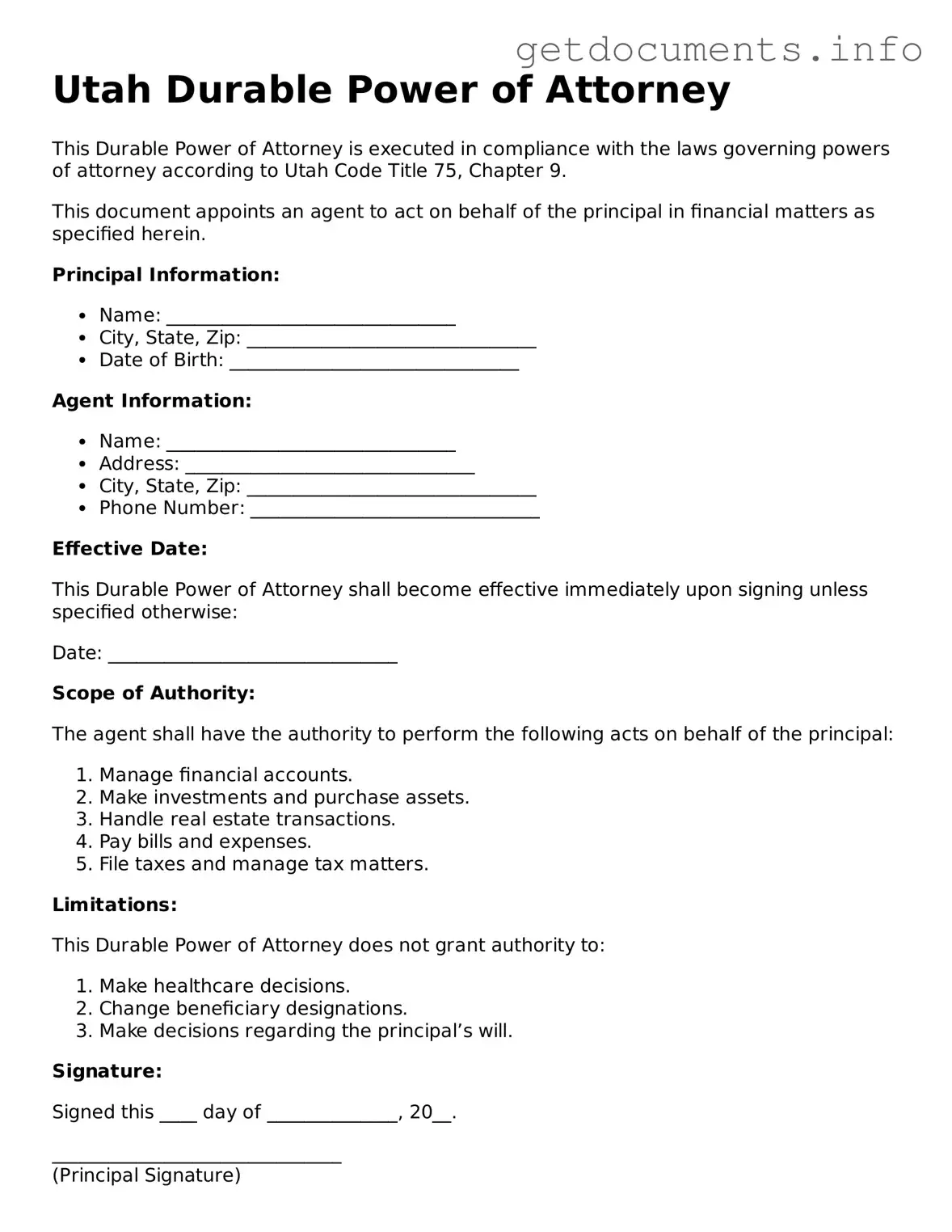 Free  Durable Power of Attorney Template for Utah