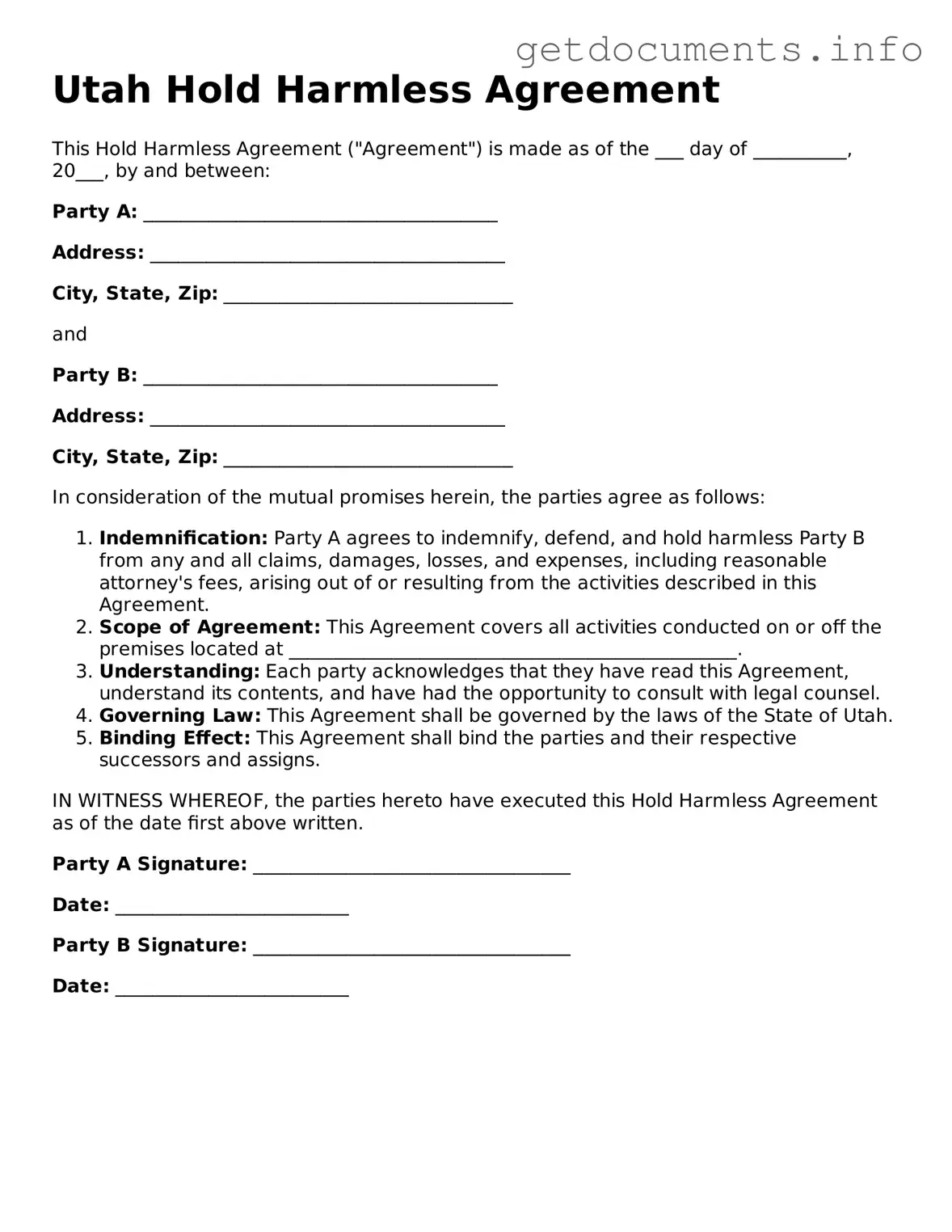 Free Hold Harmless Agreement Template for Utah