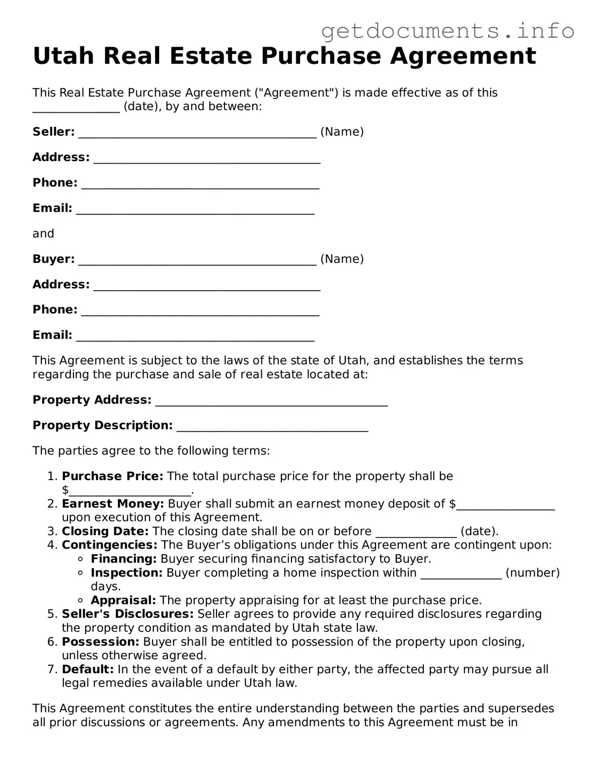 Free Real Estate Purchase Agreement Template for Utah