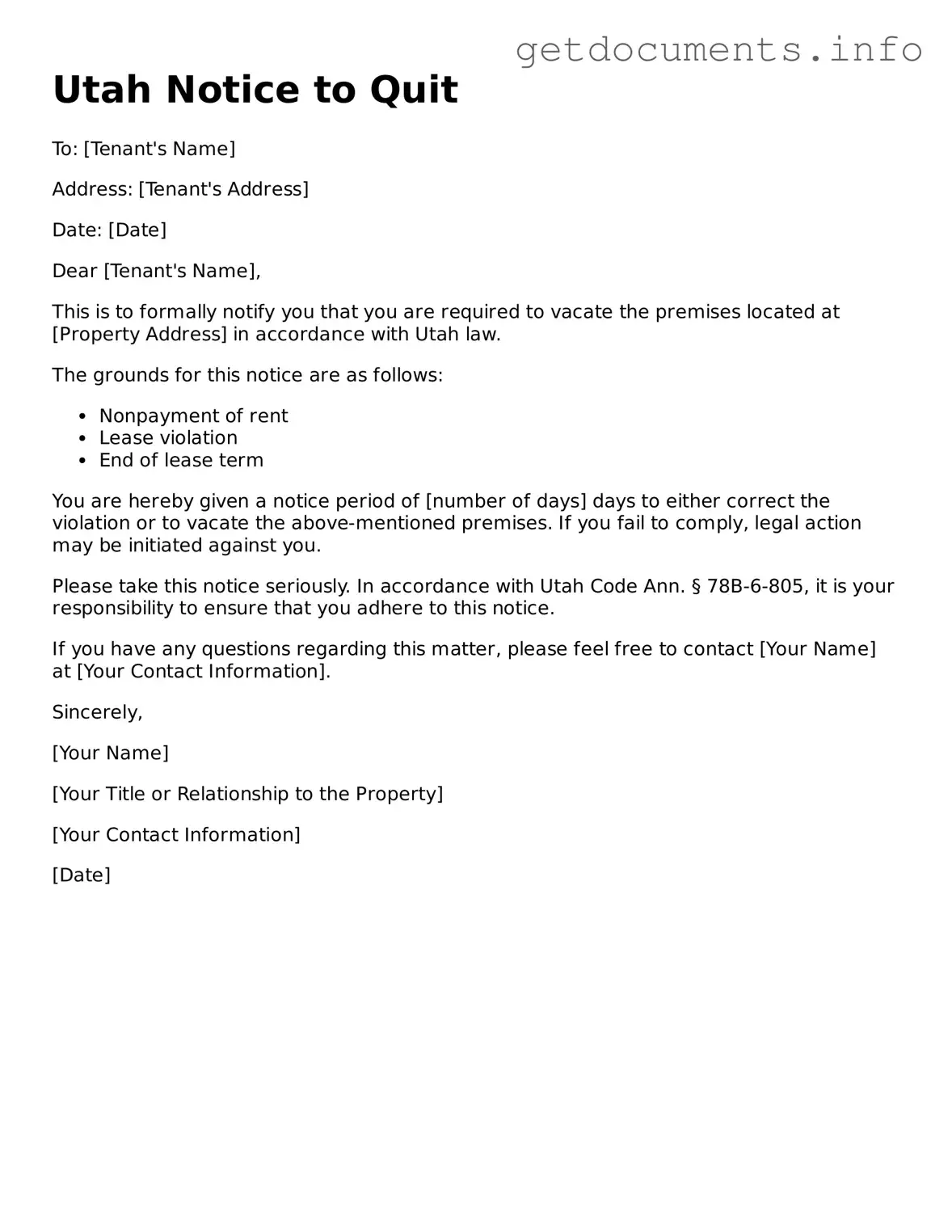Free Notice to Quit Template for Utah