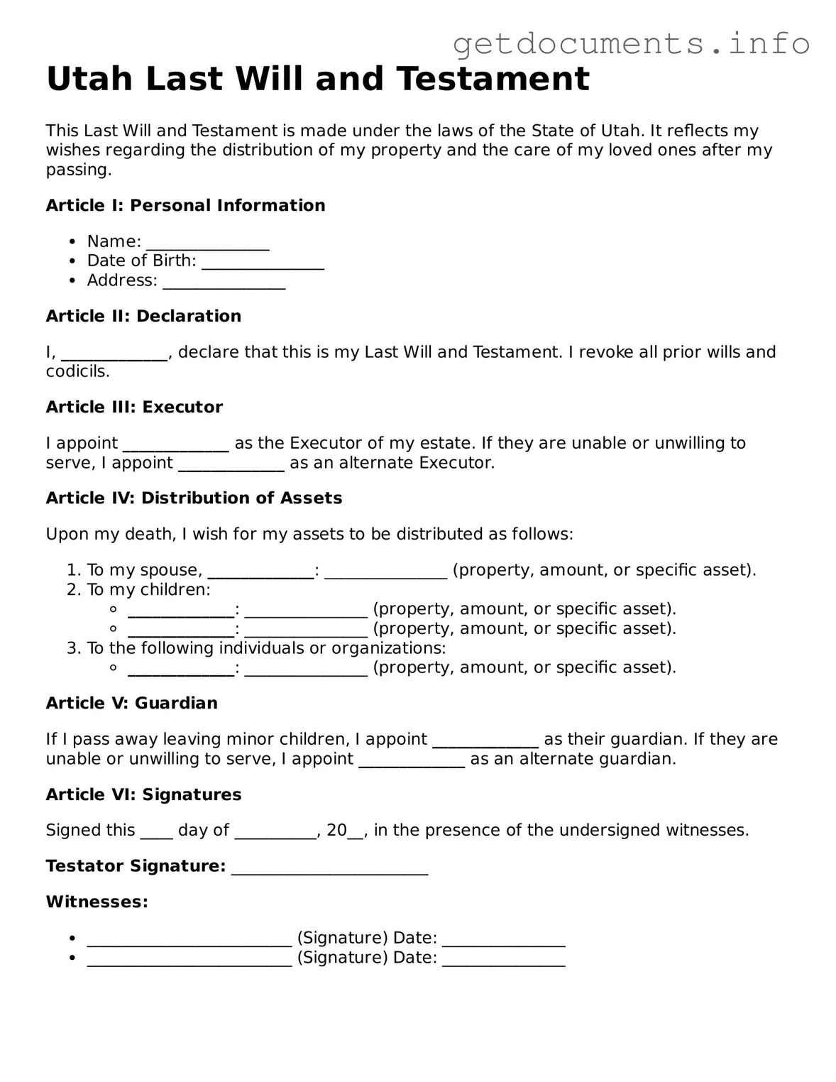 Free  Last Will and Testament Template for Utah