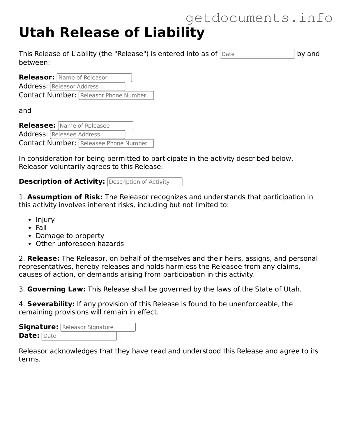 Free  Release of Liability Template for Utah