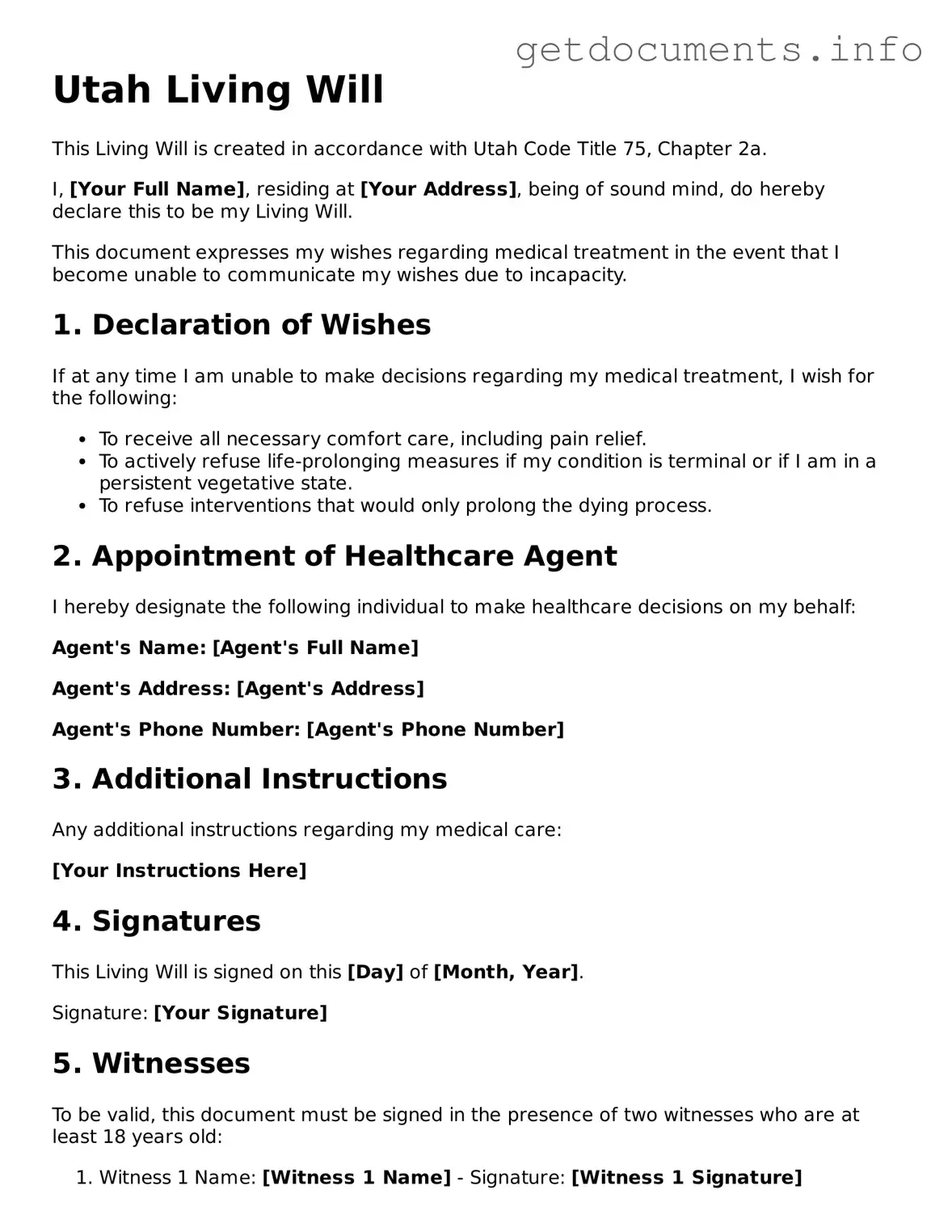 Free  Living Will Template for Utah