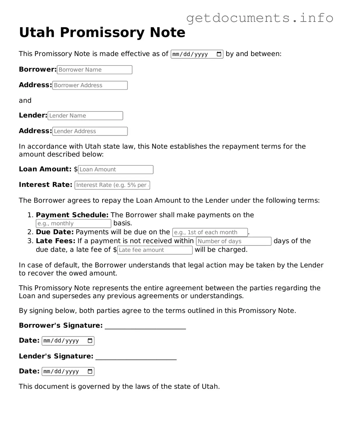 Free Promissory Note Template for Utah