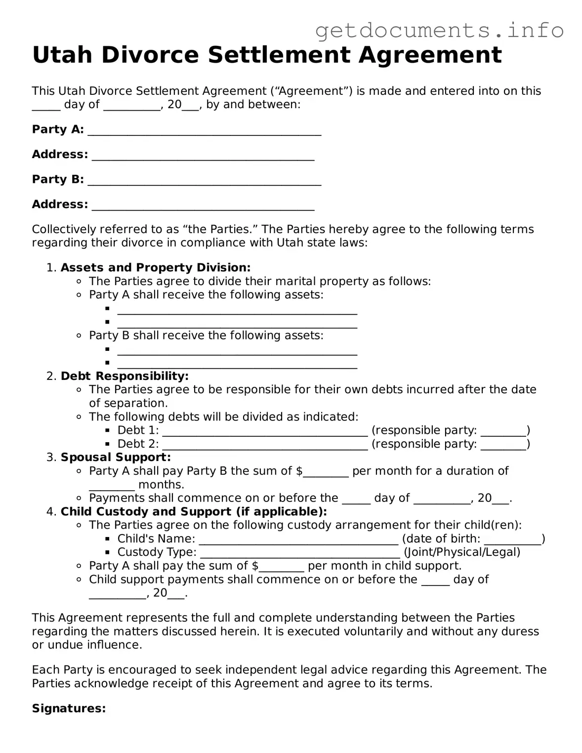 Free Divorce Settlement Agreement Template for Utah
