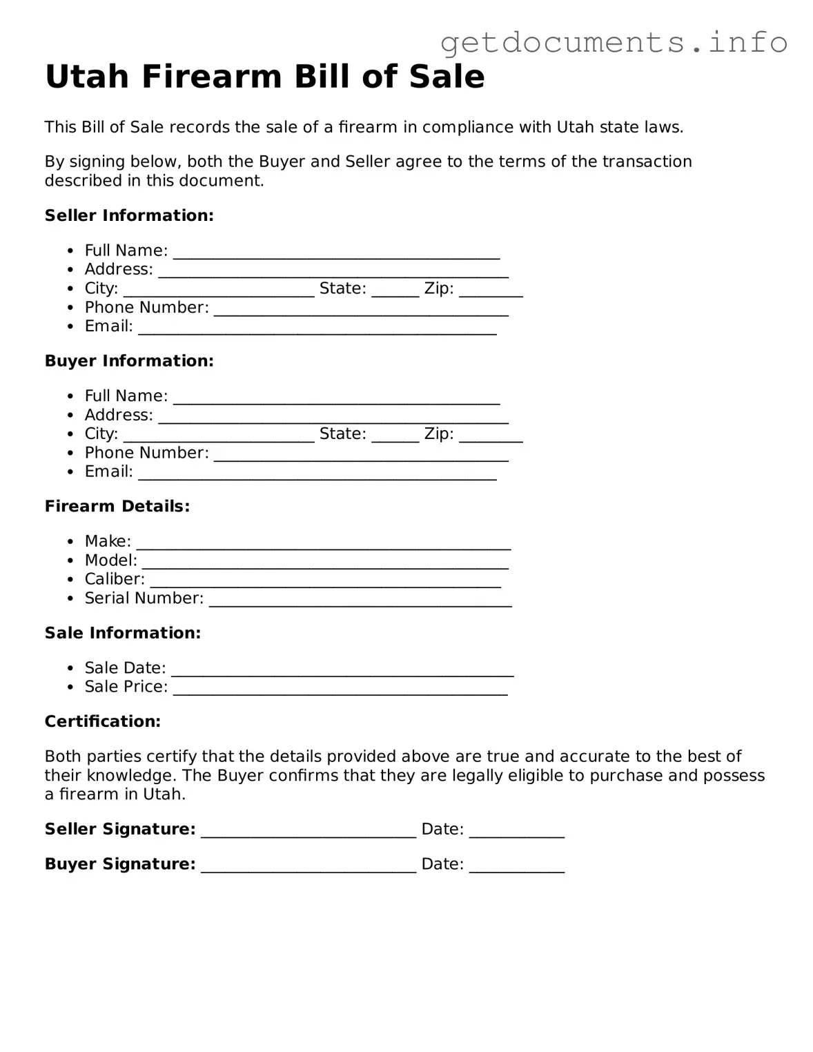 Free Firearm Bill of Sale Template for Utah