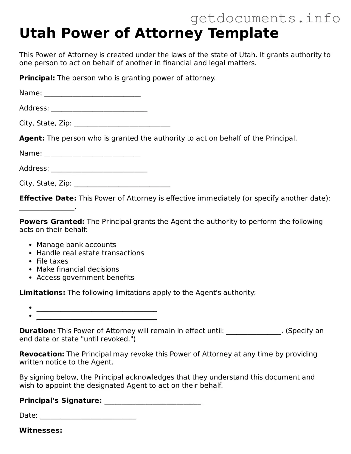 Free Power of Attorney Template for Utah