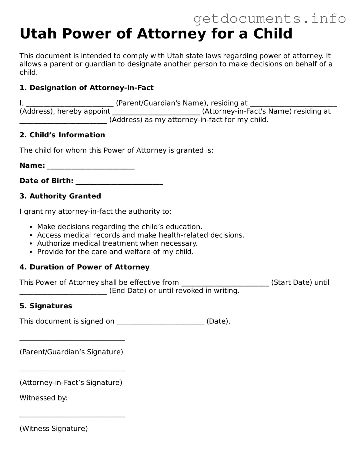 Free  Power of Attorney for a Child Template for Utah