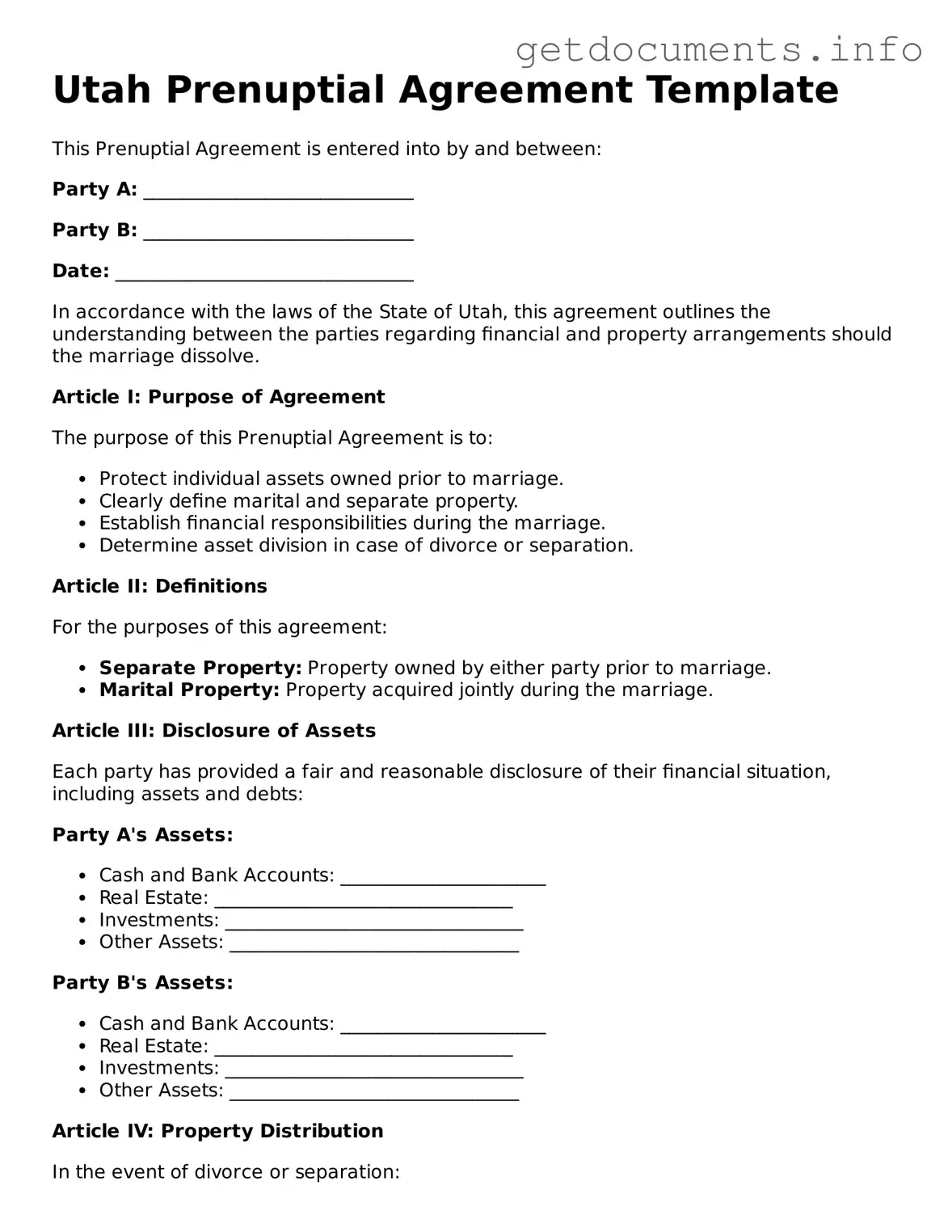 Free  Prenuptial Agreement Template for Utah